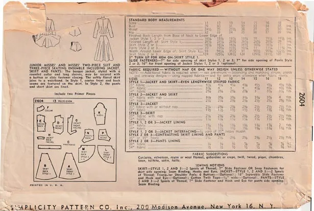 1948 Two-piece Suit and Three-piece Skating Ensemble, Original Simplicity 2604 30 bust