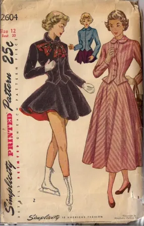 1948 Two-piece Suit and Three-piece Skating Ensemble, Original Simplicity 2604 30 bust