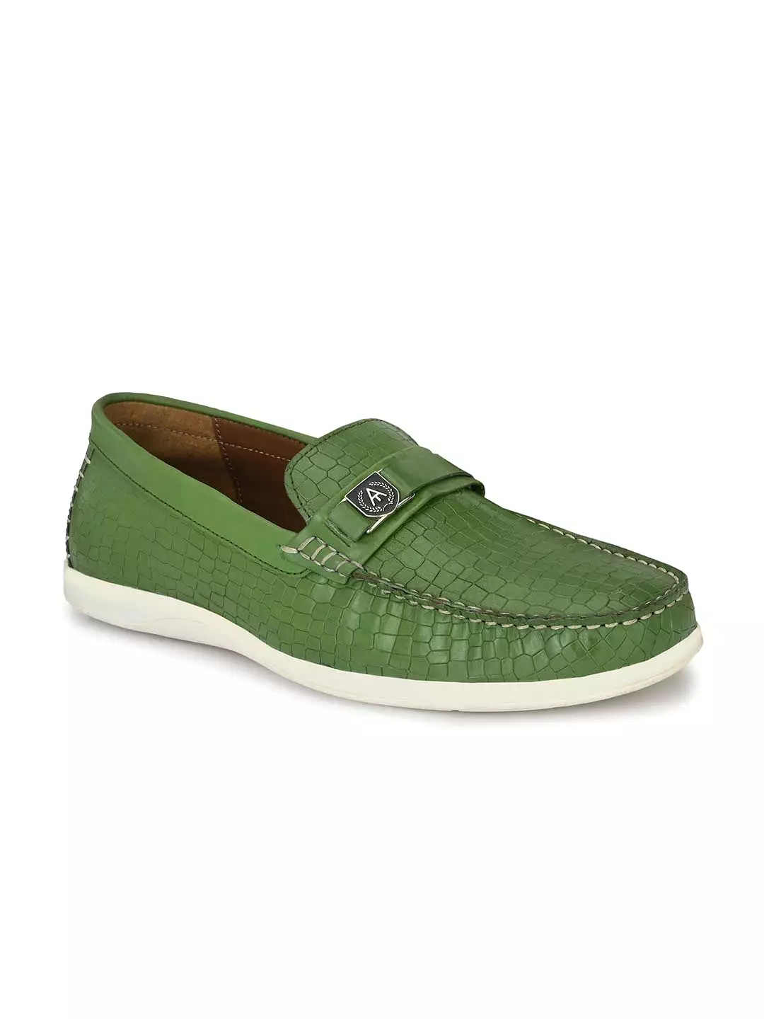 Alberto Torresi Genuine Leather Green Textured Loafers For Men