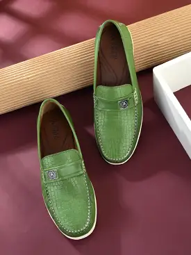 Alberto Torresi Genuine Leather Green Textured Loafers For Men