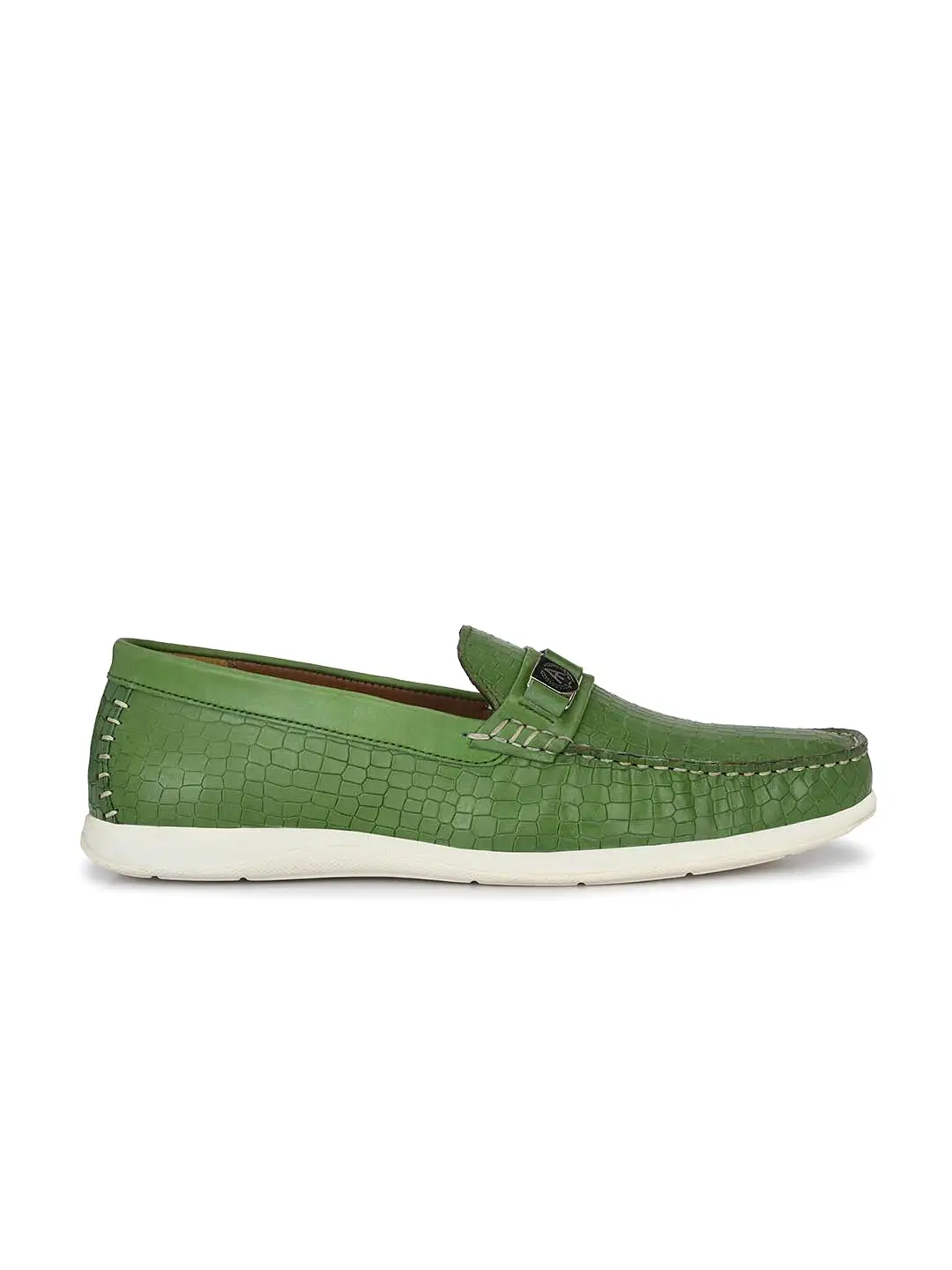 Alberto Torresi Genuine Leather Green Textured Loafers For Men