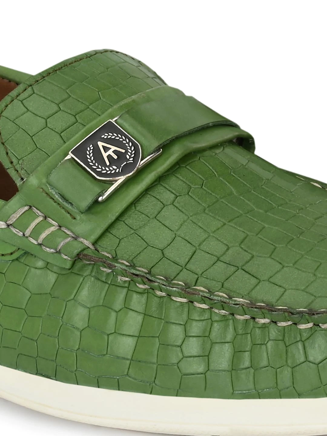 Alberto Torresi Genuine Leather Green Textured Loafers For Men