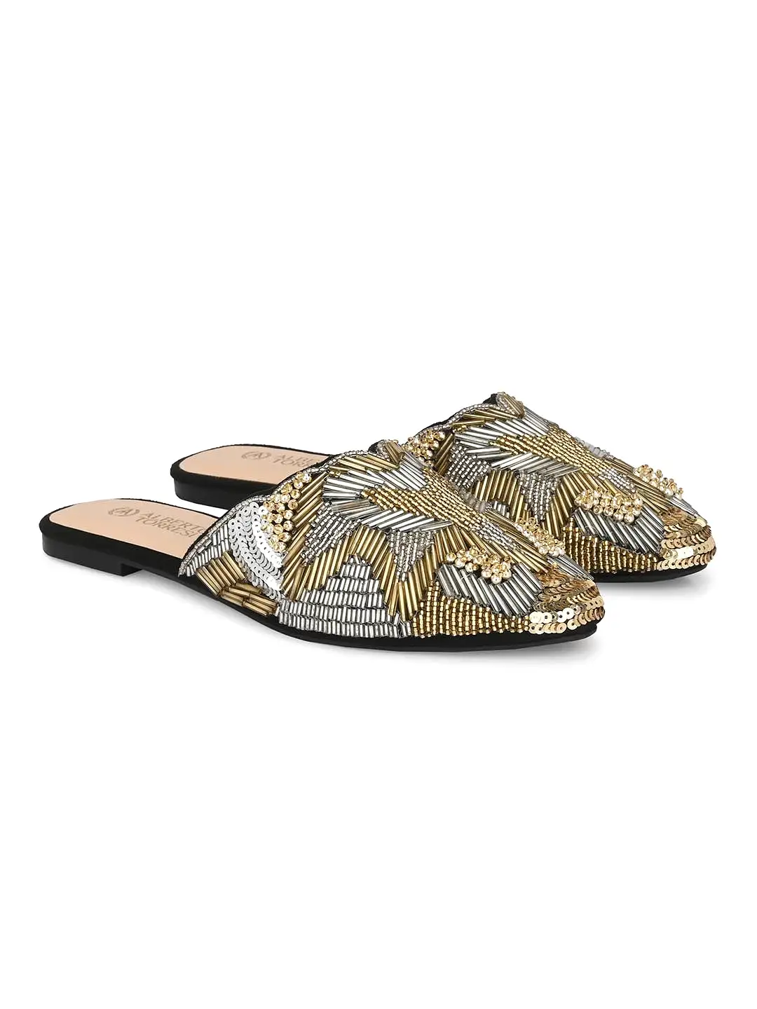 Alberto Torresi Synthetic Black Gold Flat Mule Sandals for women