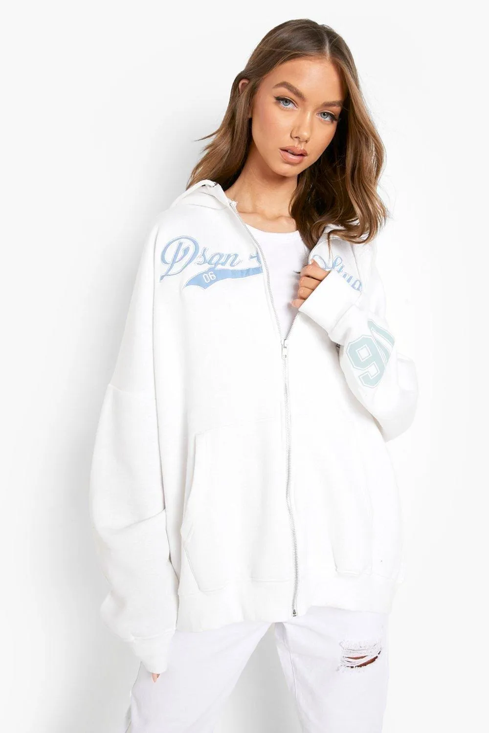 Applique Super Oversized Zip Thru Hoodie