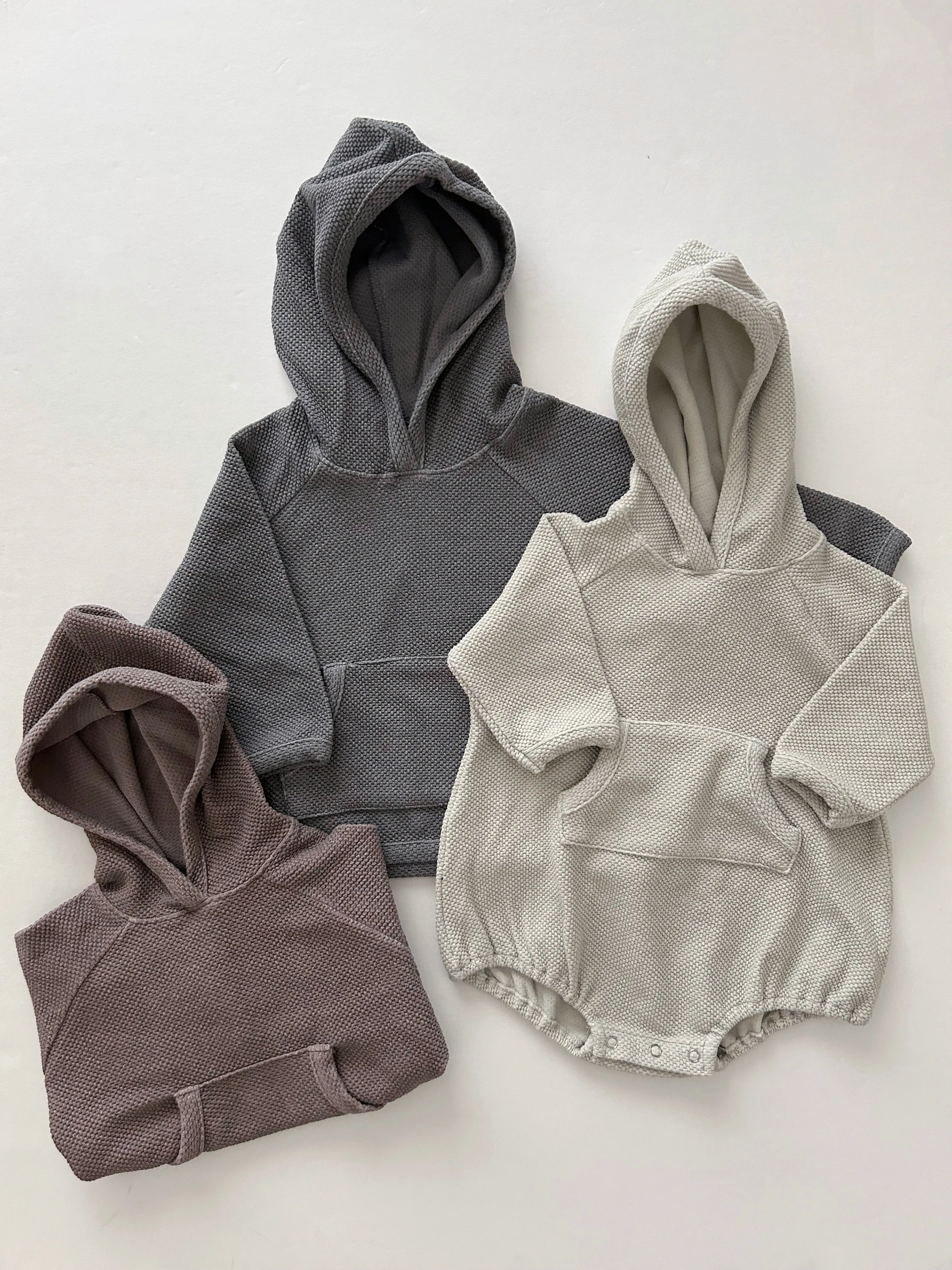 Baby Nunu Textured Kangaroo Pocket Hoodie Romper (3-18m) - 3 Colors