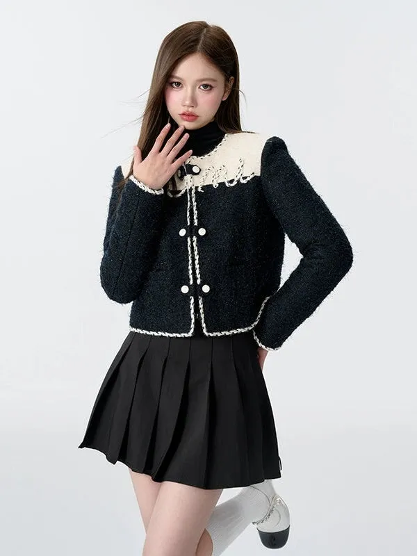 Bicolor Embroidered Short Tweed Quilted Jacket