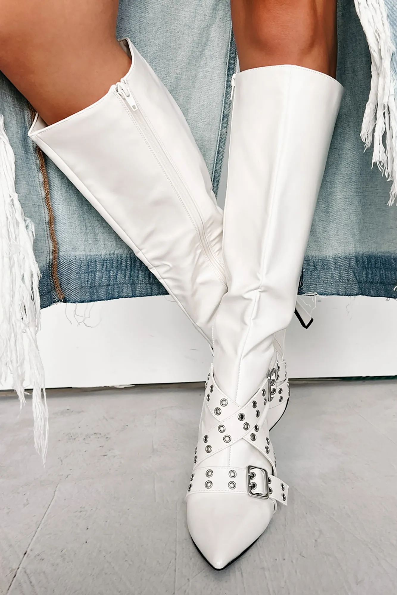 Big Moves Faux Leather Knee High Buckle Boots (White)