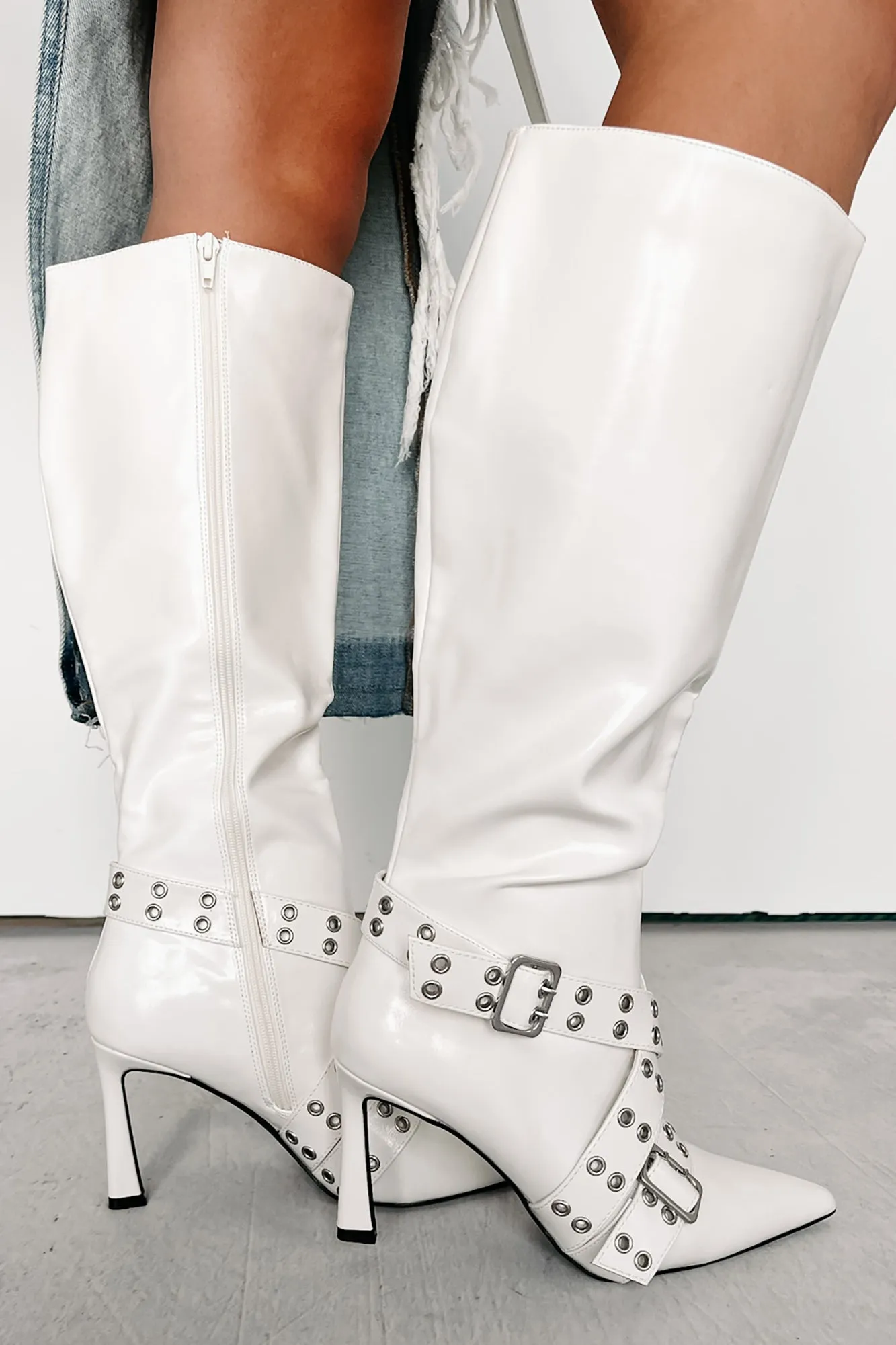 Big Moves Faux Leather Knee High Buckle Boots (White)