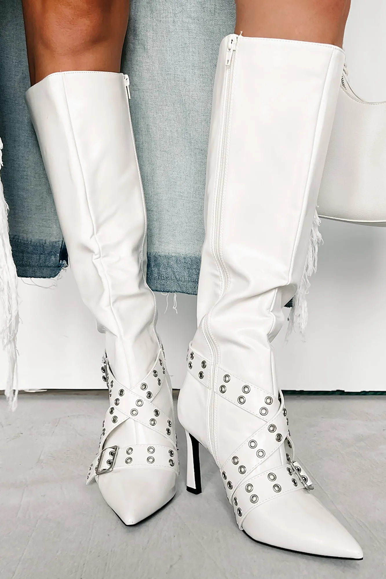 Big Moves Faux Leather Knee High Buckle Boots (White)