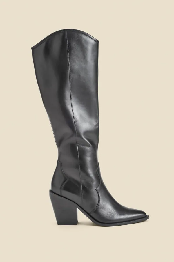 Black Leather Western Stack Heel Boots