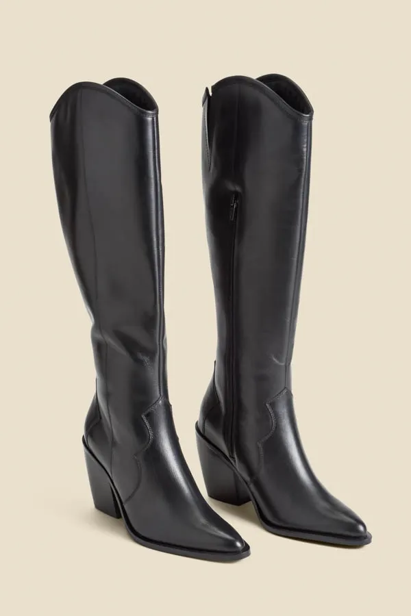 Black Leather Western Stack Heel Boots