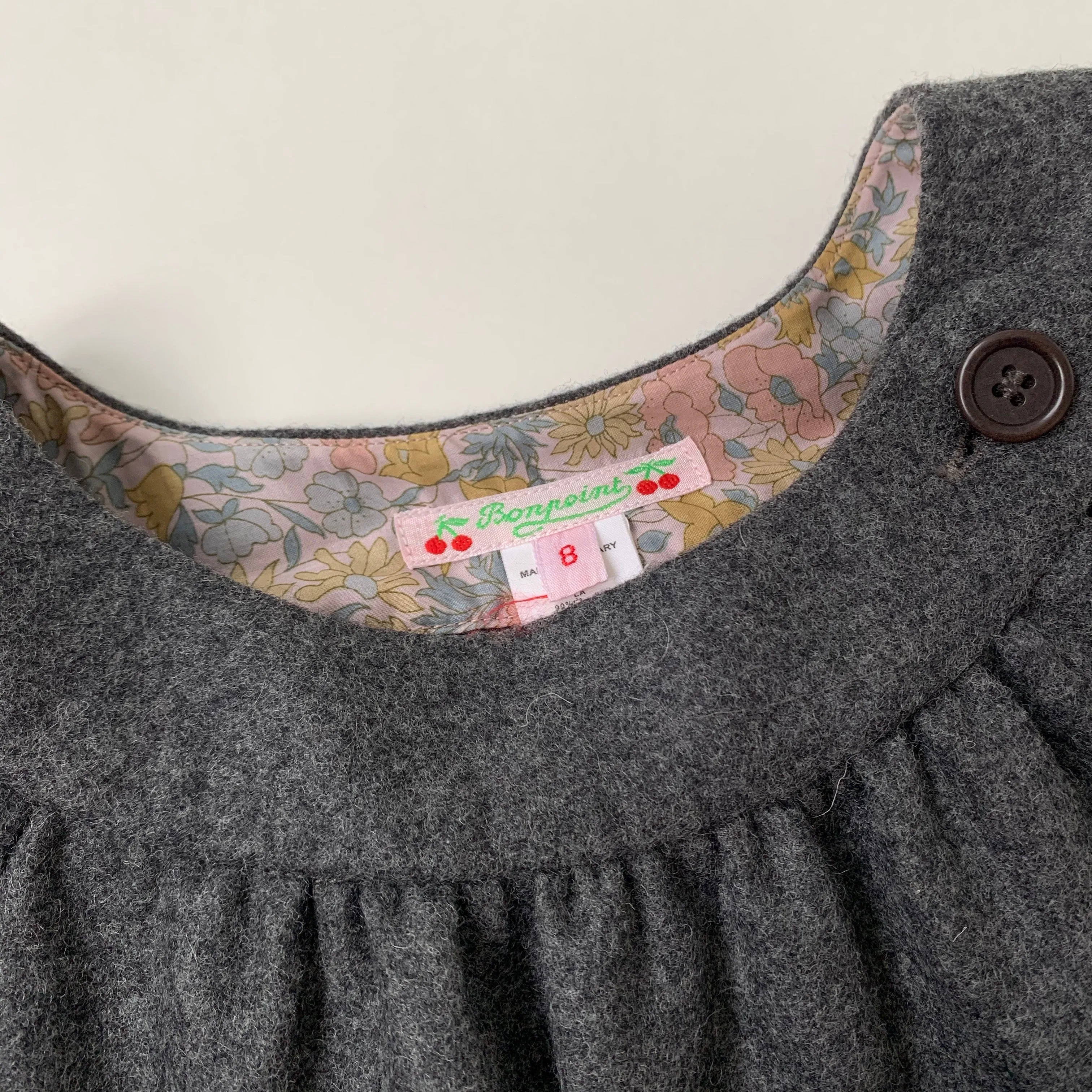 Bonpoint Grey Wool Dress With Liberty Print Trim: 8 Years