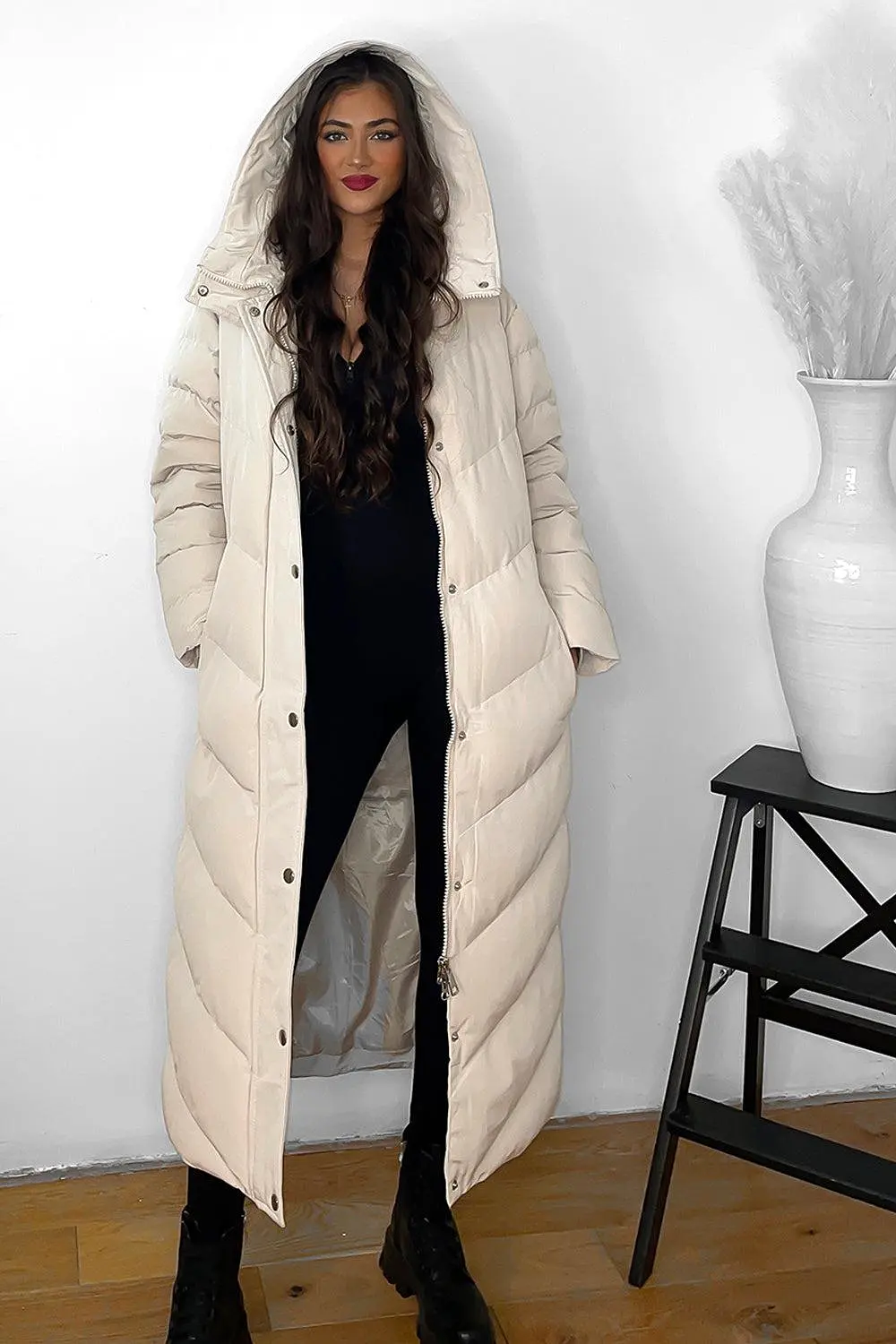 Drawstring Hood Belted Midi Puffer Jacket