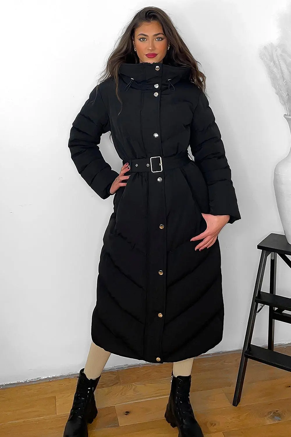 Drawstring Hood Belted Midi Puffer Jacket