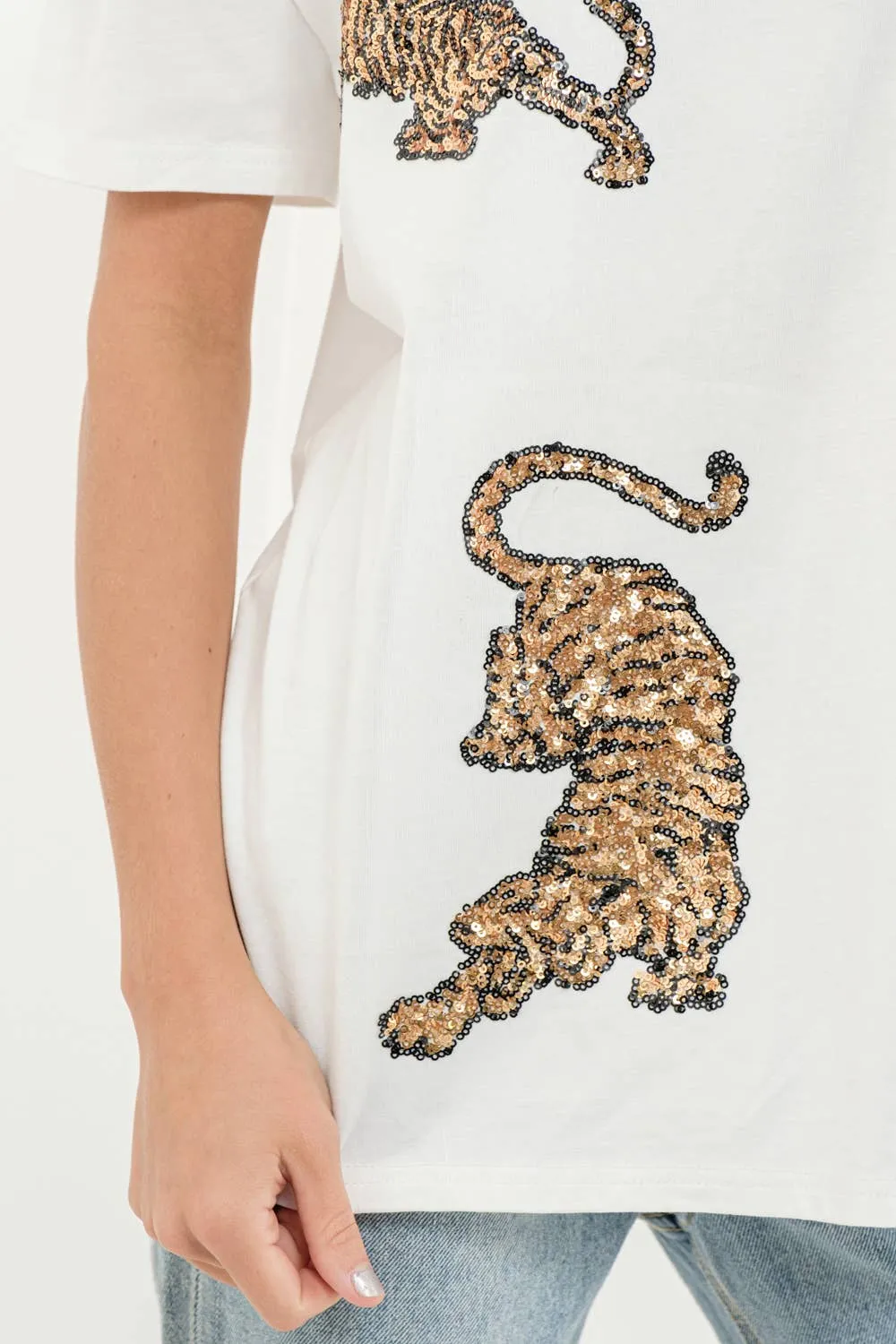 Embellished Sequin Tiger Graphic T Shirt