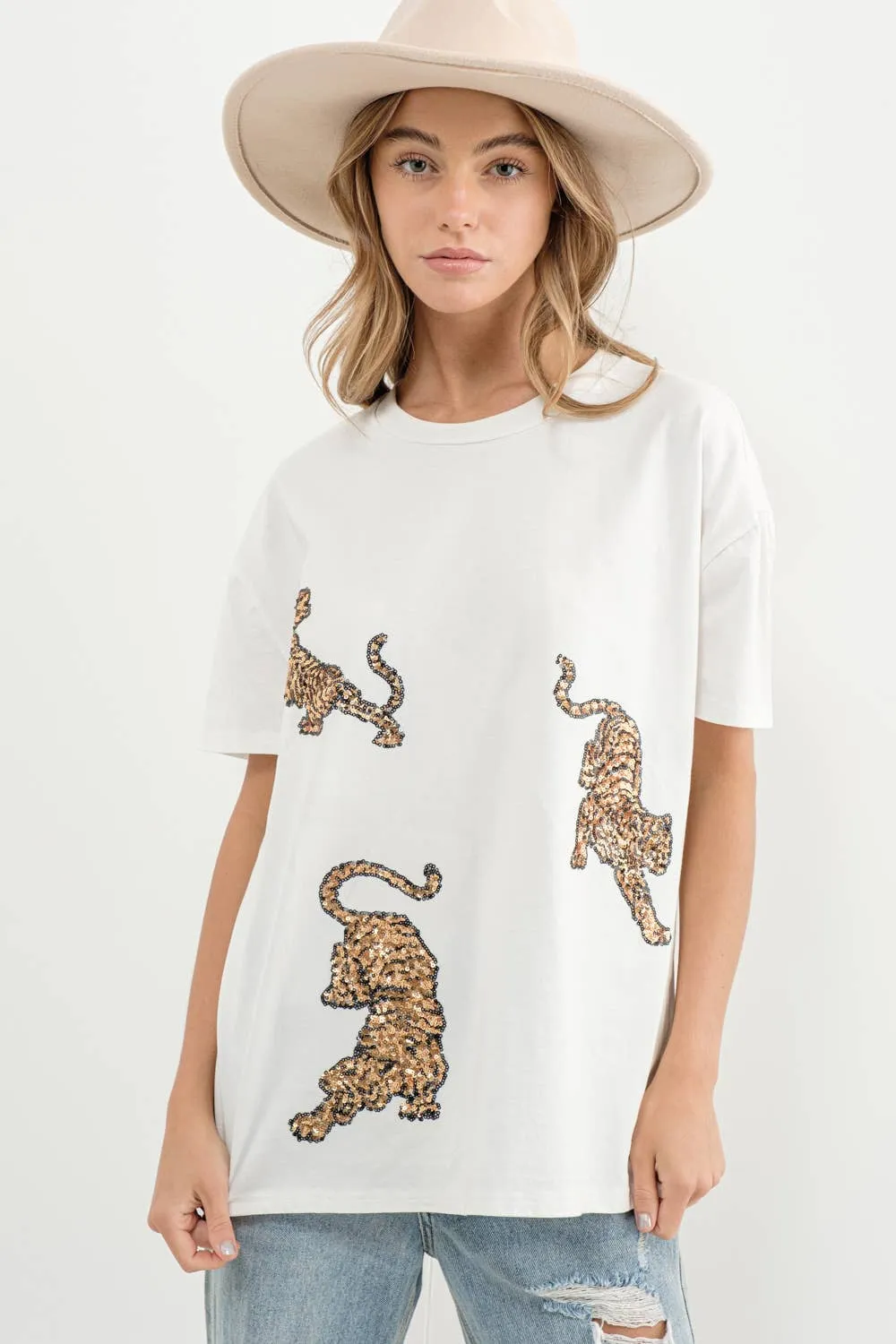 Embellished Sequin Tiger Graphic T Shirt