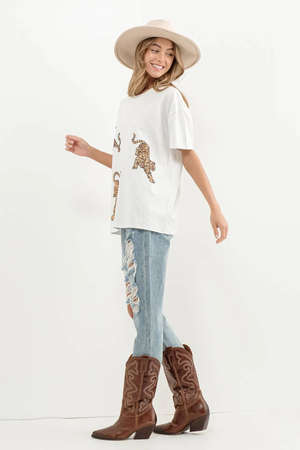 Embellished Sequin Tiger Graphic T Shirt