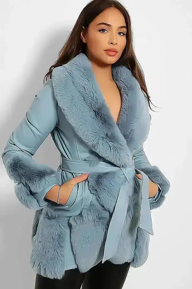 Faux Fur And Vegan Leather Waist Tie Deep Plunge Jacket