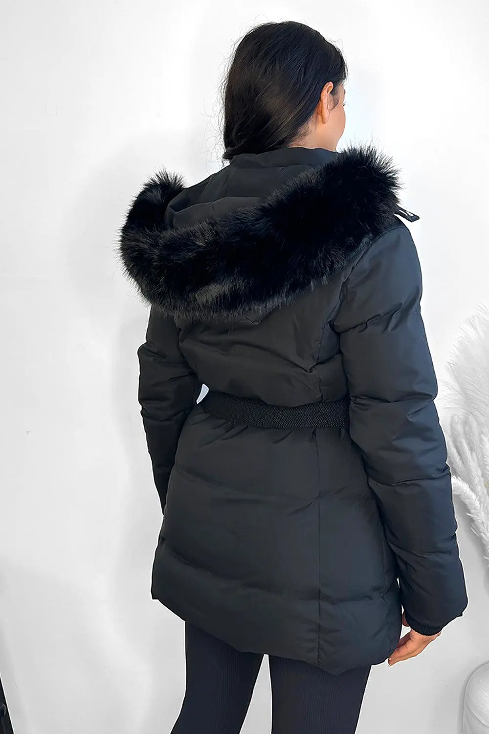 Faux Fur Hood Bag Belt Winter Jacket