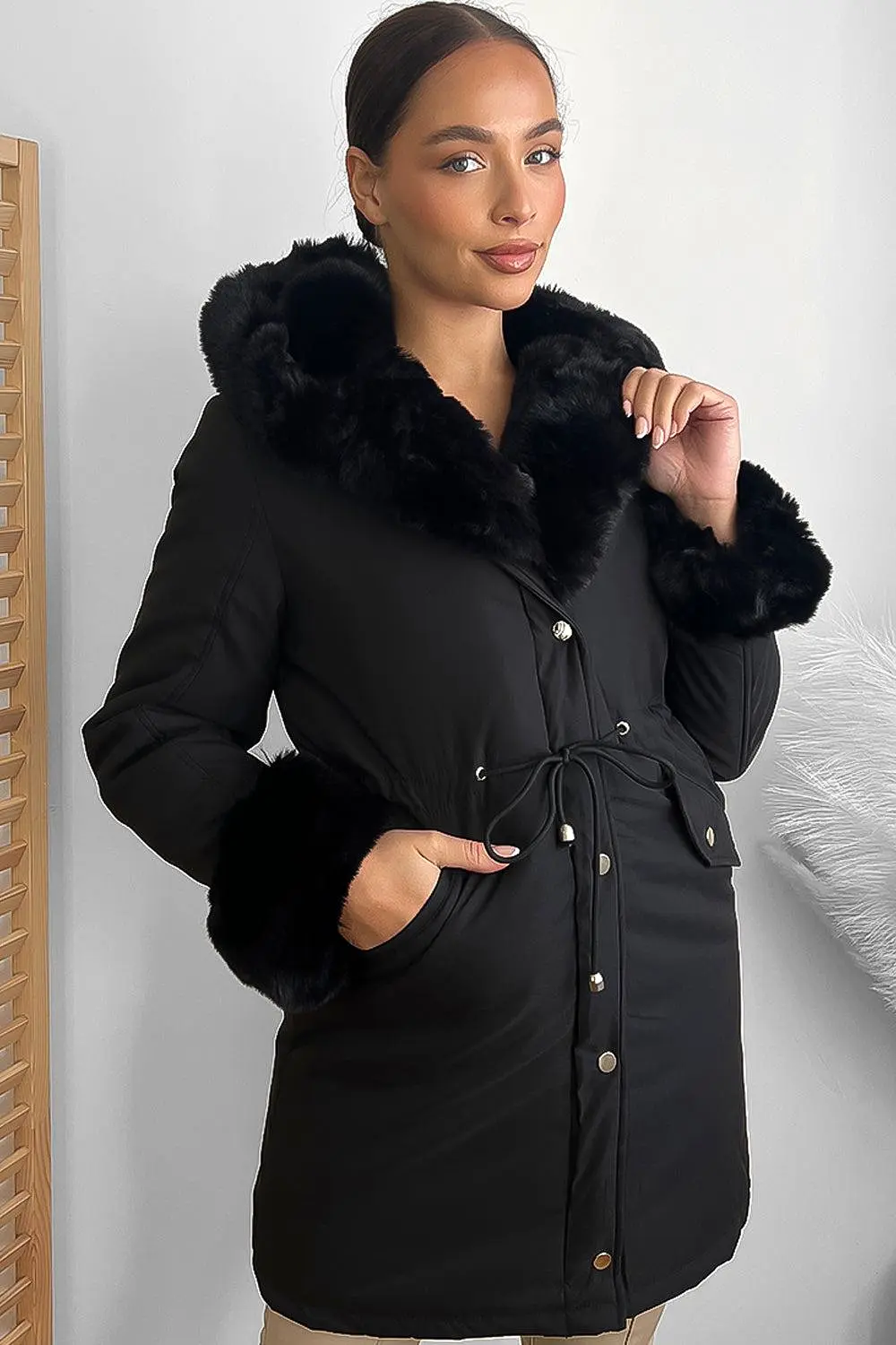 Faux Fur Lining Drawstring Waist Winter Jacket