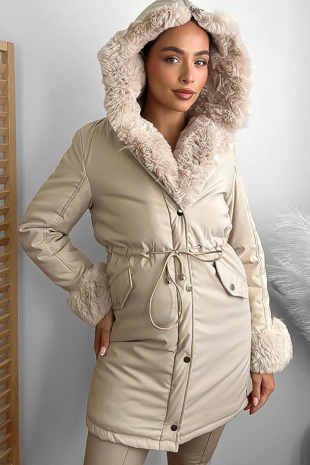 Faux Fur Lining Drawstring Waist Winter Jacket