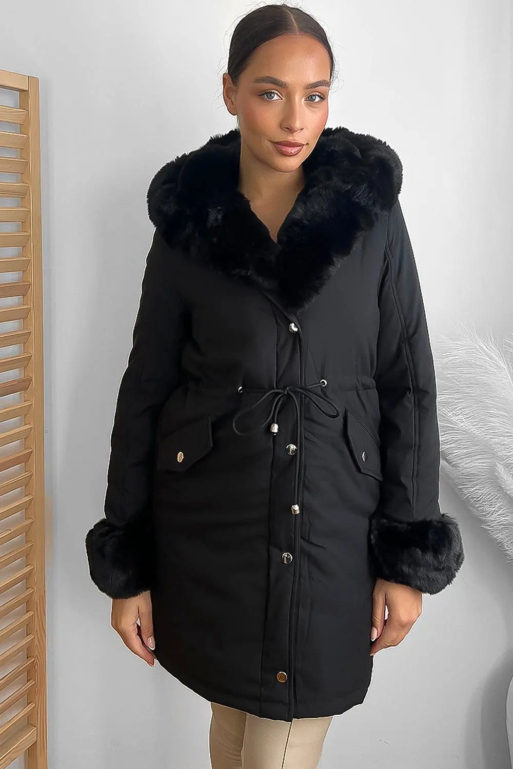 Faux Fur Lining Drawstring Waist Winter Jacket