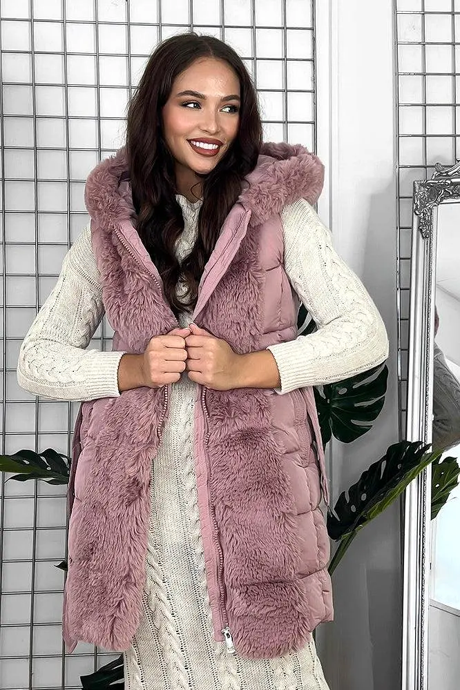 Faux Fur Trimmed Sleeveless Belted Jacket