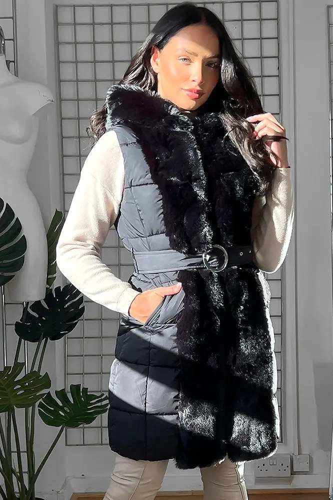 Faux Fur Trimmed Sleeveless Belted Jacket