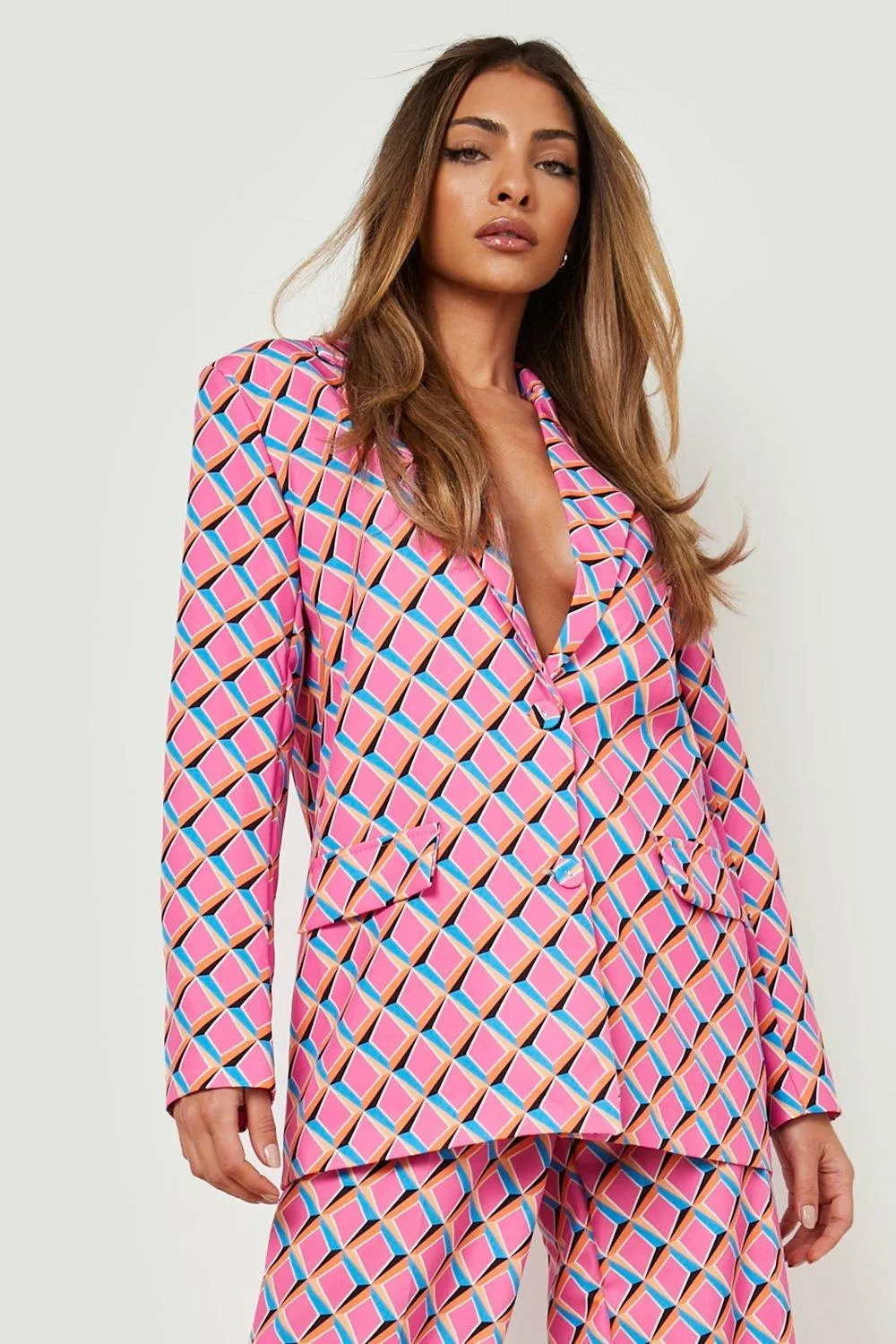 Geo Print Plunge Front Tailored Blazer