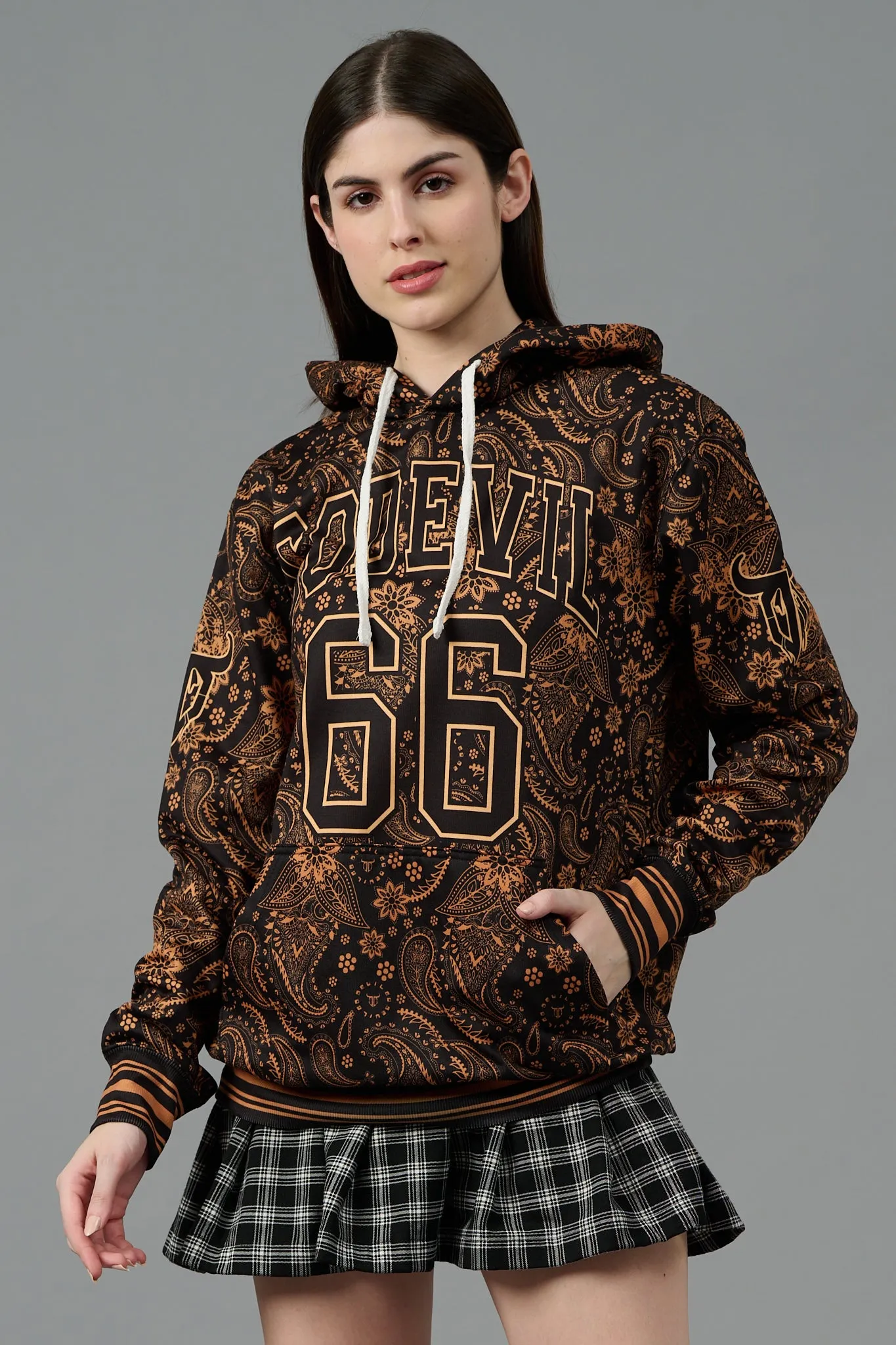 Go Devil 66 & Paisley Design (in Brown) Printed Black Hoodie for Women