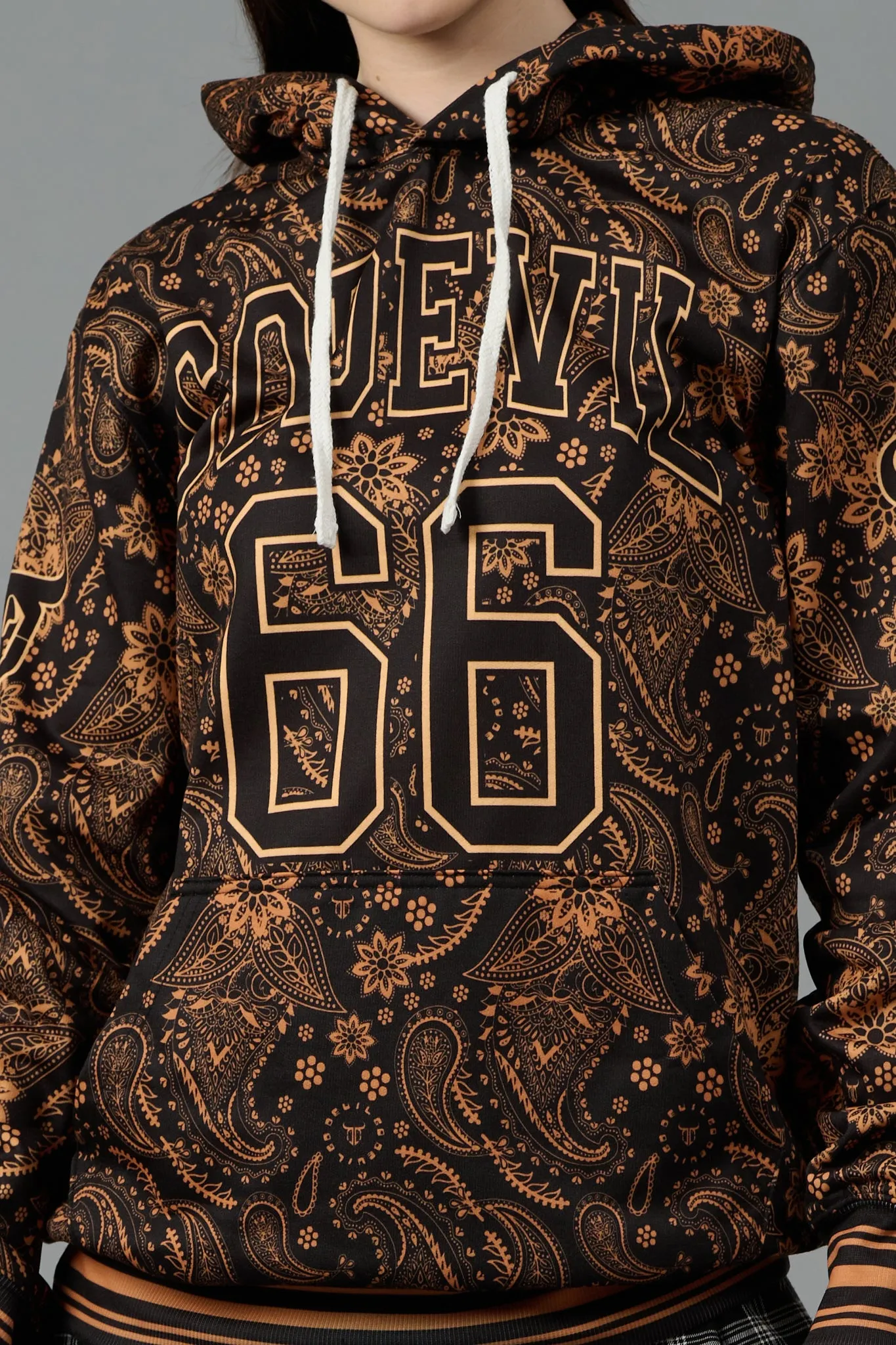 Go Devil 66 & Paisley Design (in Brown) Printed Black Hoodie for Women