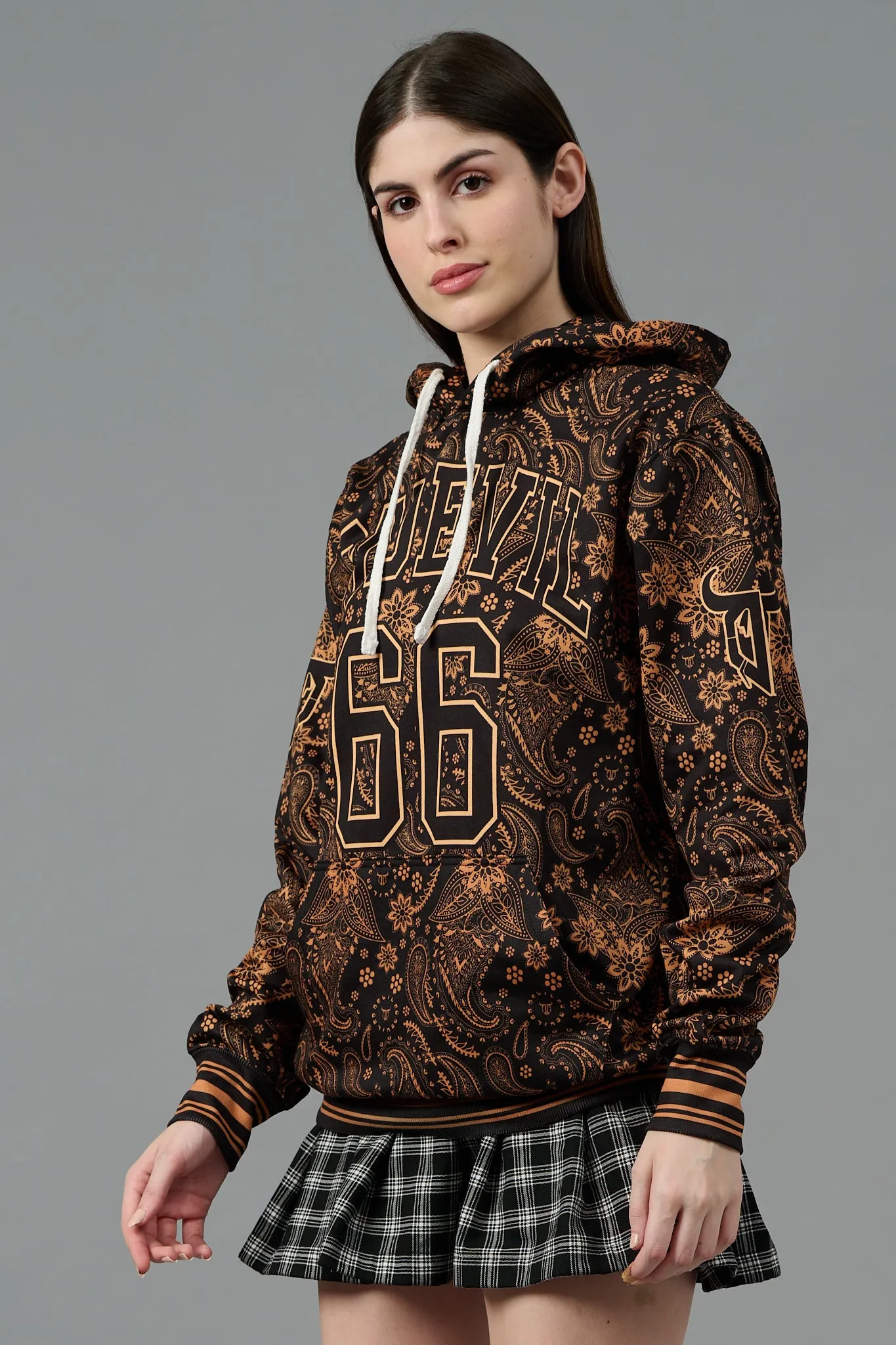 Go Devil 66 & Paisley Design (in Brown) Printed Black Hoodie for Women