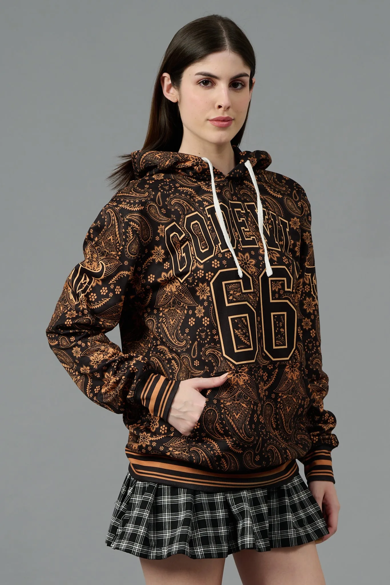 Go Devil 66 & Paisley Design (in Brown) Printed Black Hoodie for Women