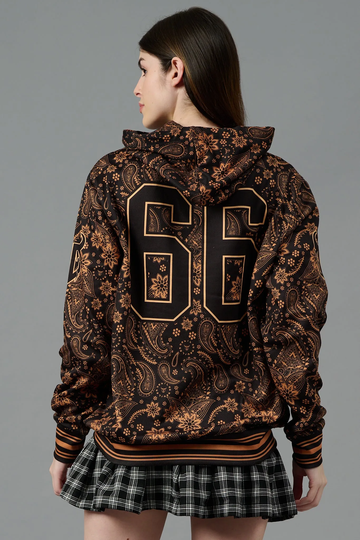 Go Devil 66 & Paisley Design (in Brown) Printed Black Hoodie for Women