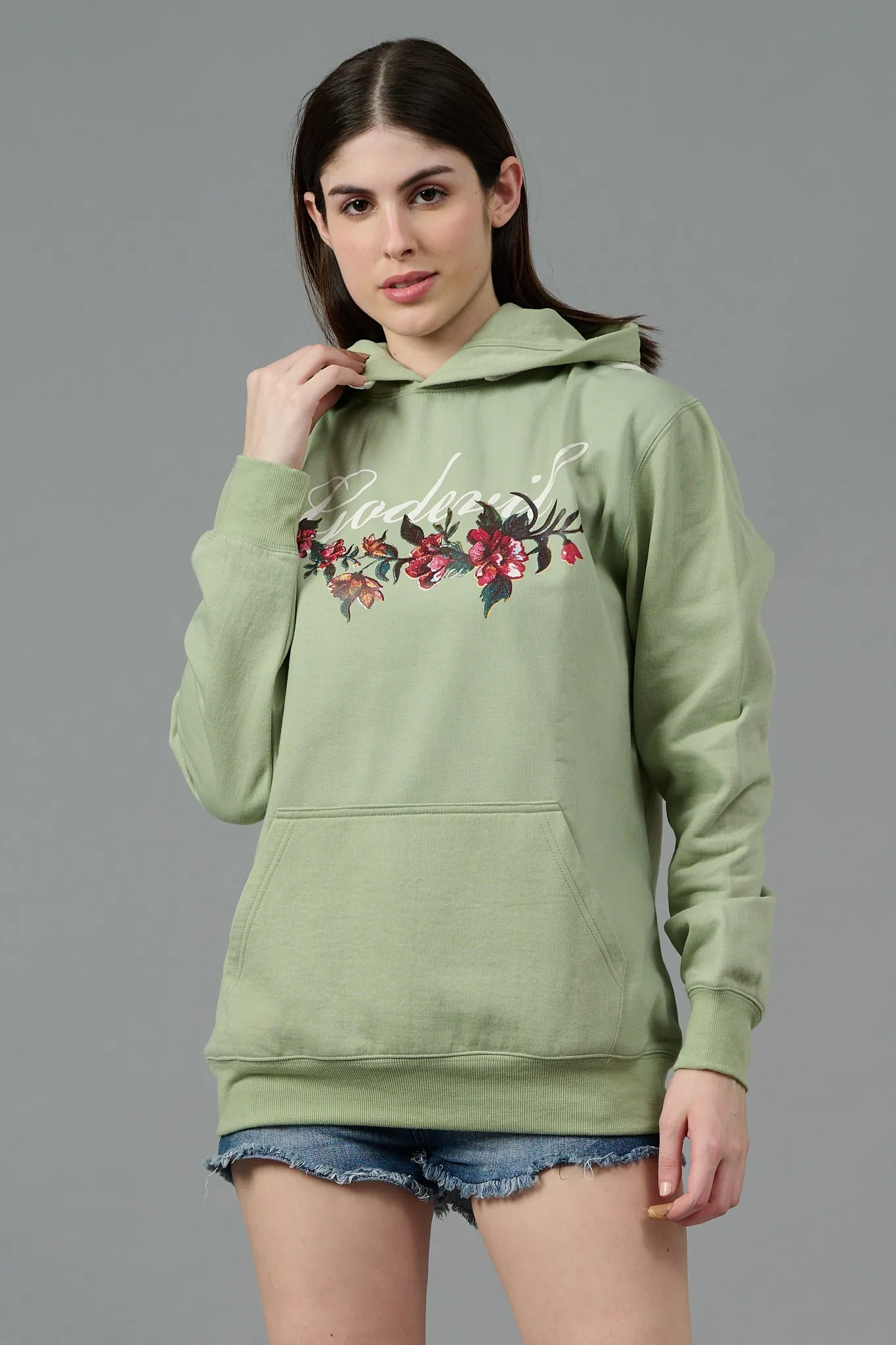 Go Devil with Flower Printed Green Hoodie for Women