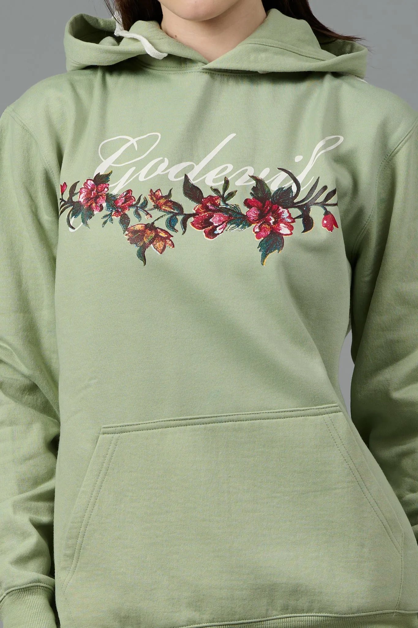 Go Devil with Flower Printed Green Hoodie for Women