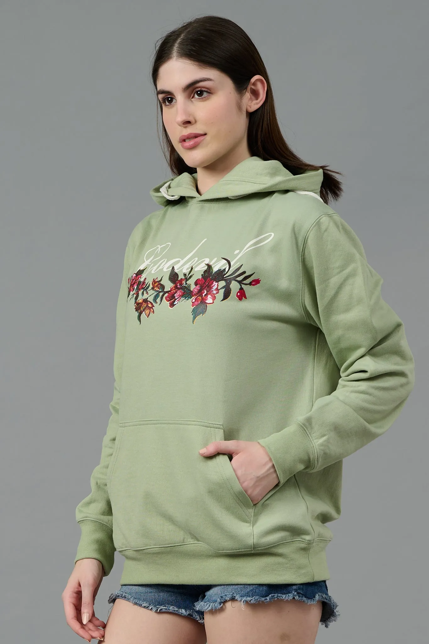 Go Devil with Flower Printed Green Hoodie for Women