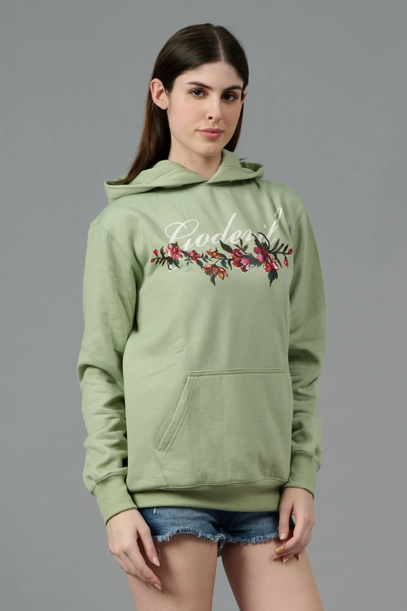 Go Devil with Flower Printed Green Hoodie for Women