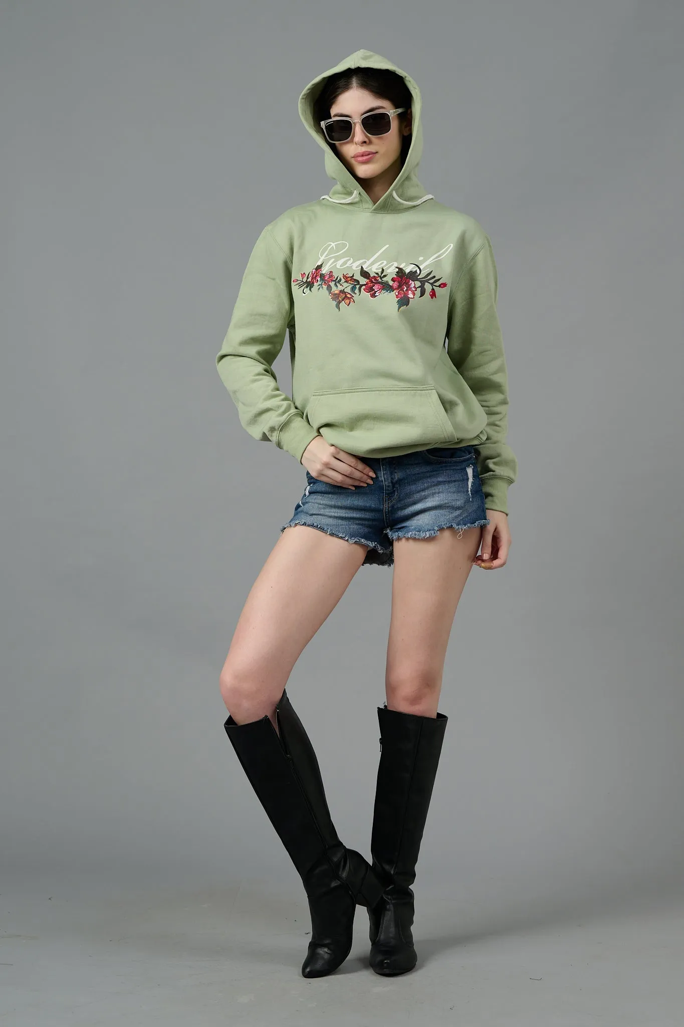 Go Devil with Flower Printed Green Hoodie for Women