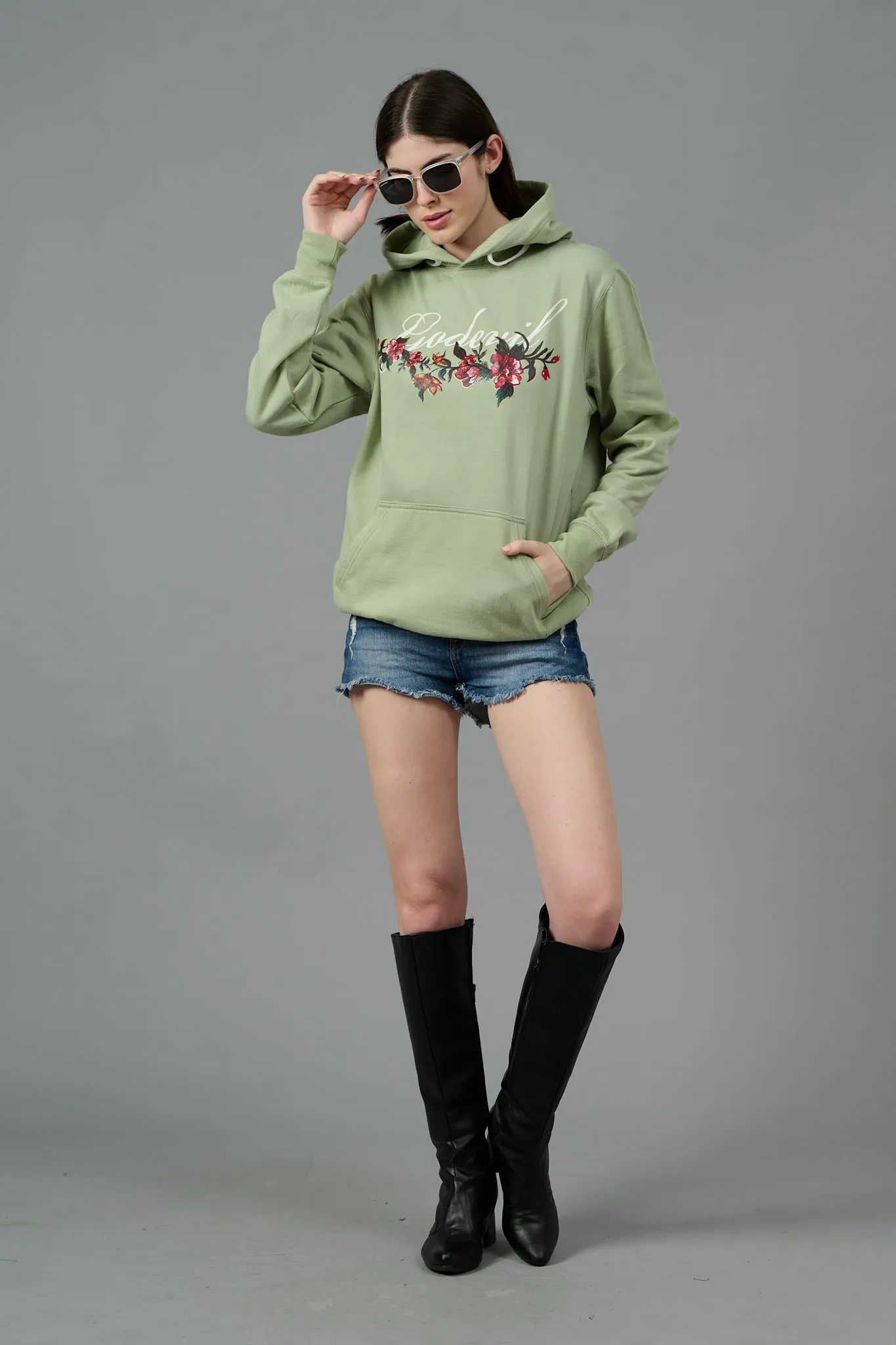 Go Devil with Flower Printed Green Hoodie for Women