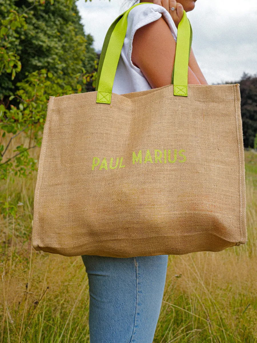 Green Leather and Jute Tote Bag for Women - LeCabas Jute Sorbet Apple | PAUL MARIUS