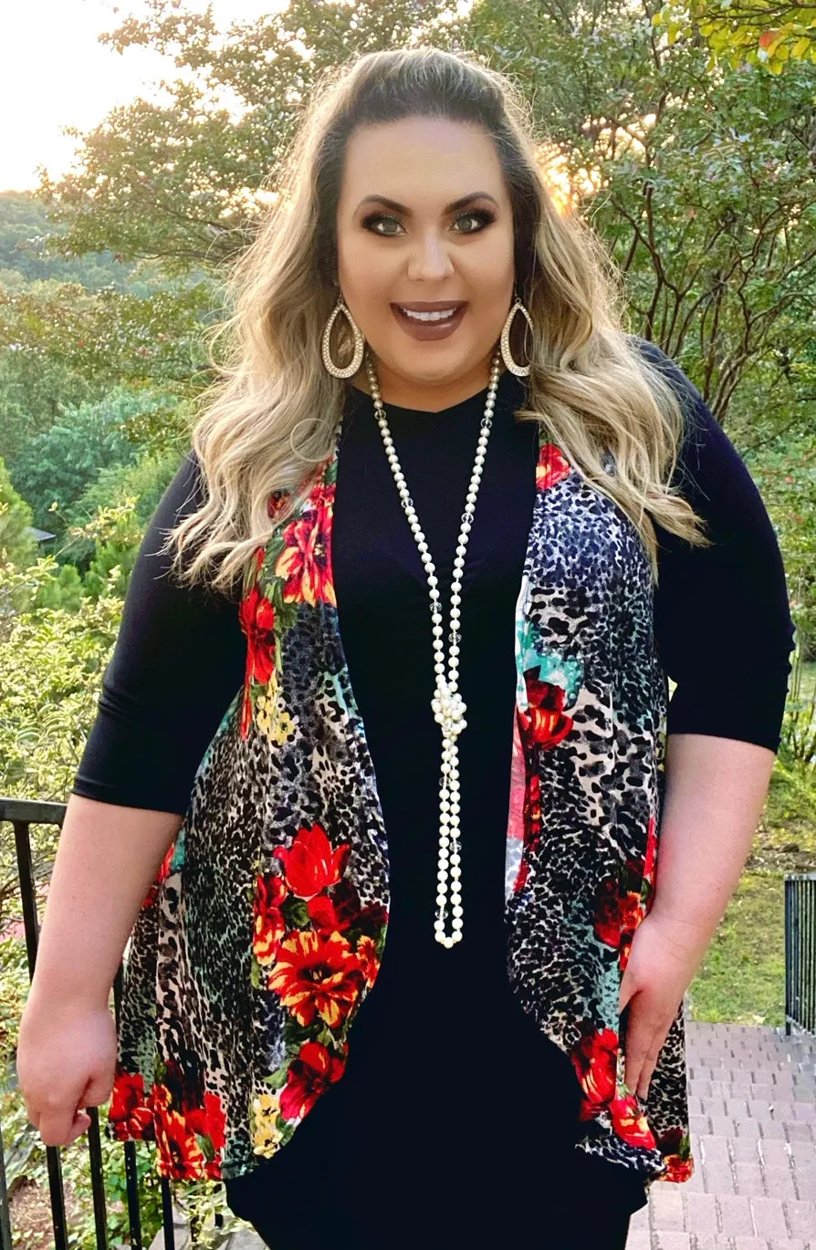 Grey Leopard and Coral Floral High Low Vest