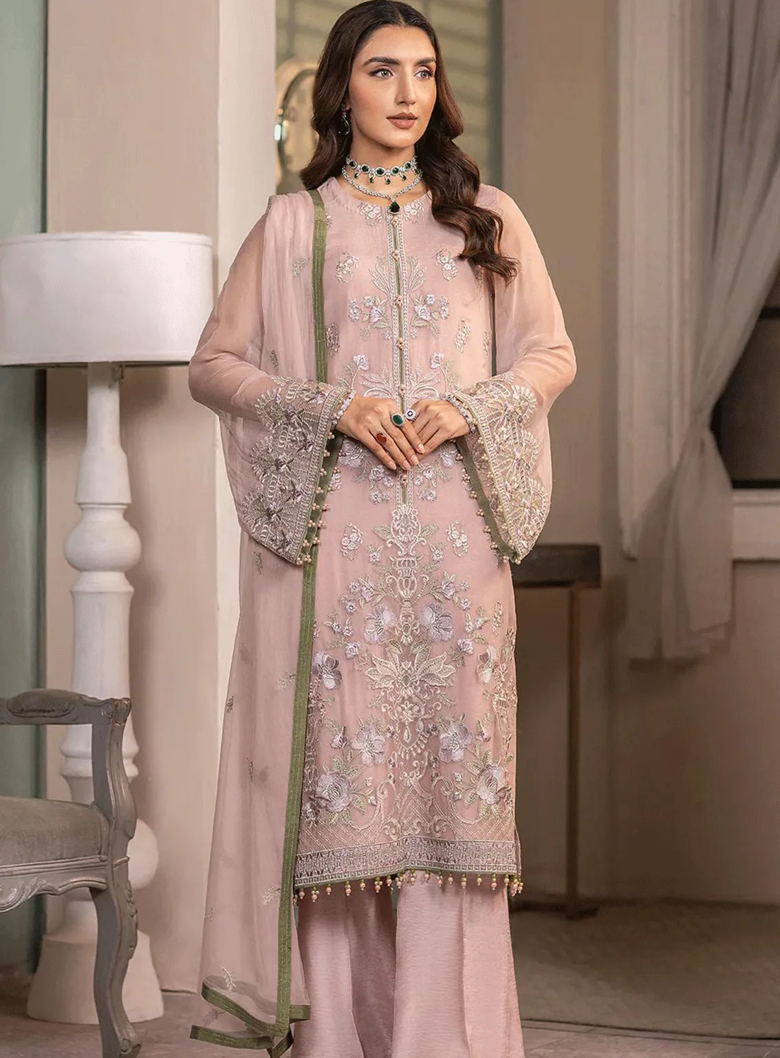 Haya By Kuch Khas Embroidered Chiffon Unstitched 3 Piece Suit - FS23HKK K-1408 MEHAK