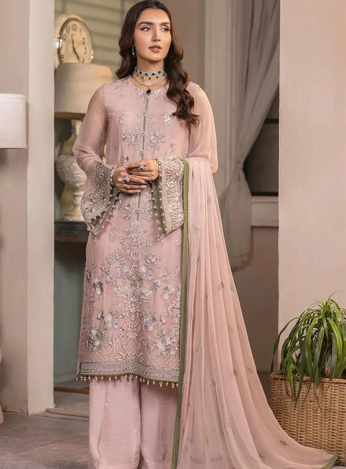 Haya By Kuch Khas Embroidered Chiffon Unstitched 3 Piece Suit - FS23HKK K-1408 MEHAK