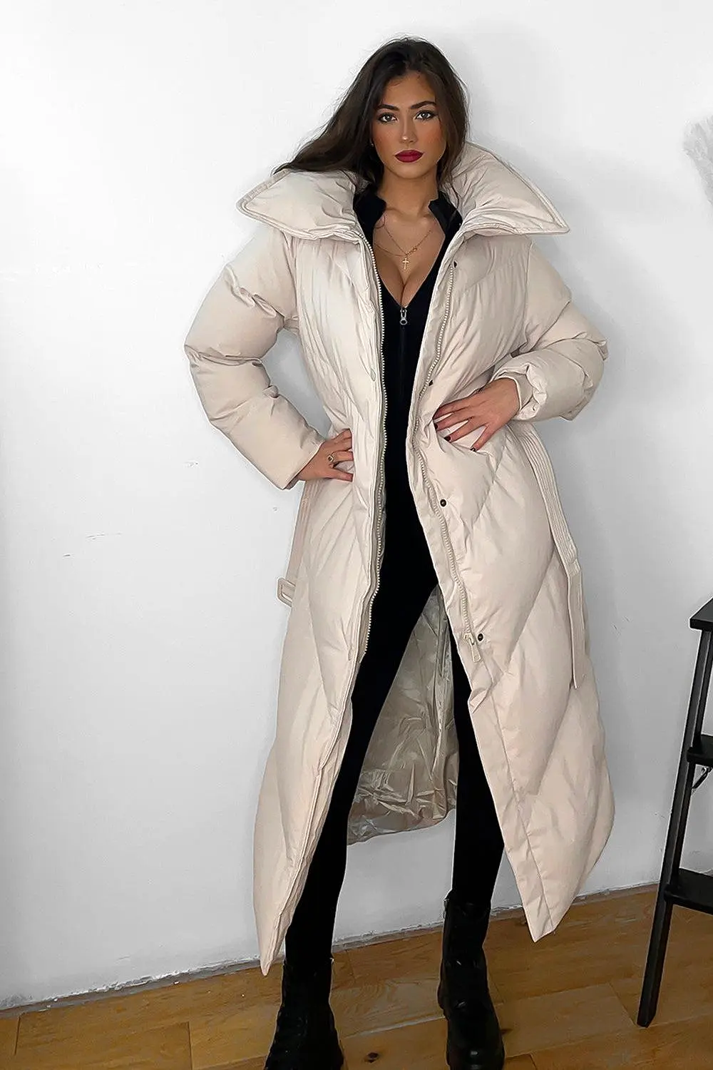 High Neck Belted Midi Puffer Jacket