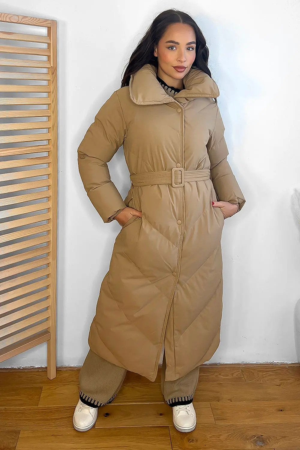 High Neck Belted Midi Puffer Jacket