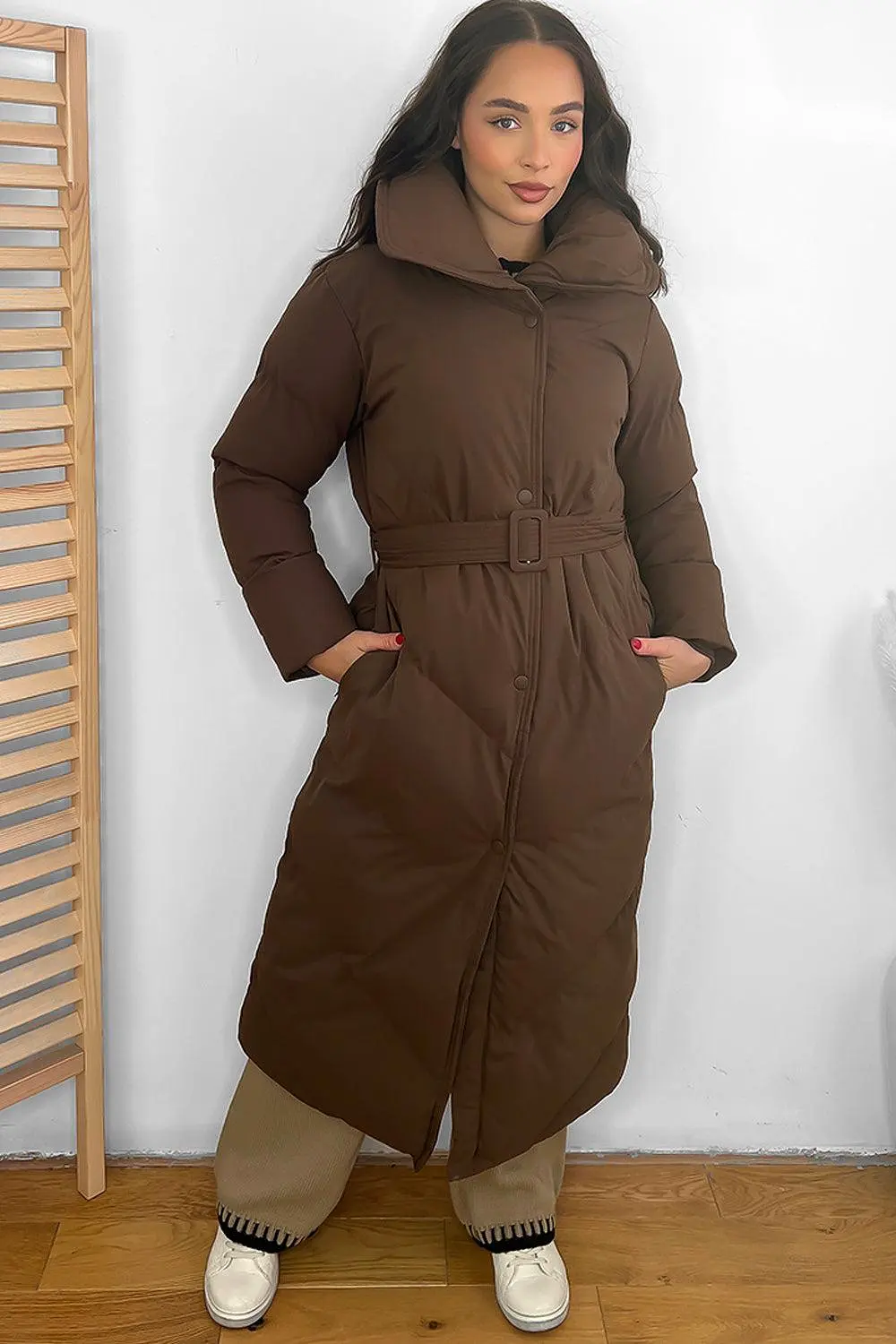 High Neck Belted Midi Puffer Jacket