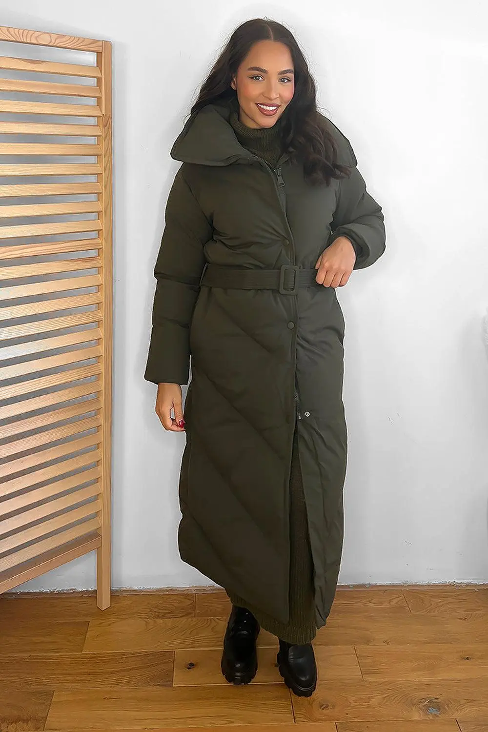 High Neck Belted Midi Puffer Jacket