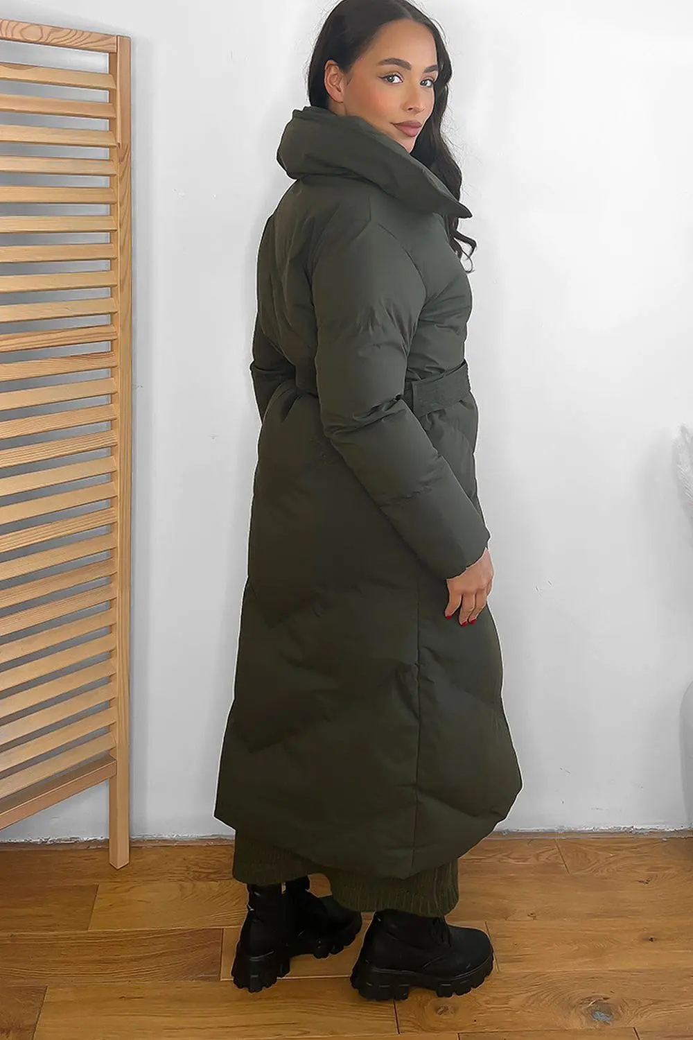 High Neck Belted Midi Puffer Jacket