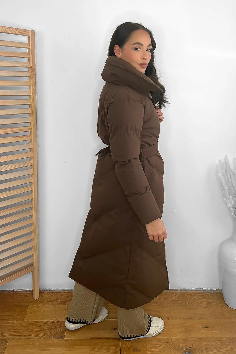 High Neck Belted Midi Puffer Jacket